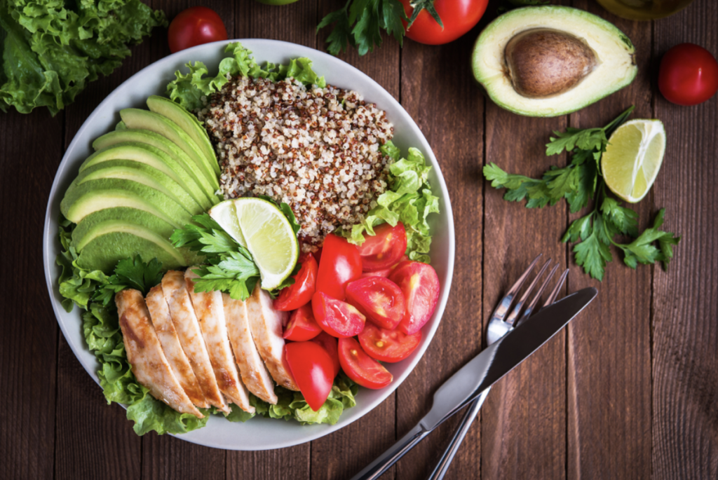 chicken breast, quinoa and avocado dinner 